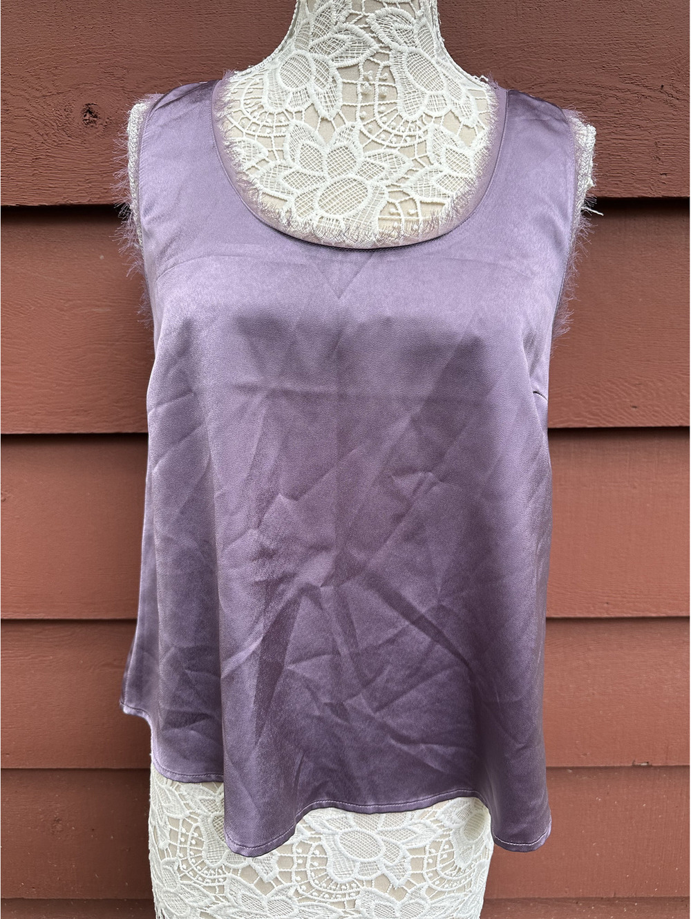 Mystree Purple Satin Tank Top with Raw Edge Mesh Trim Cozy Fairycore
